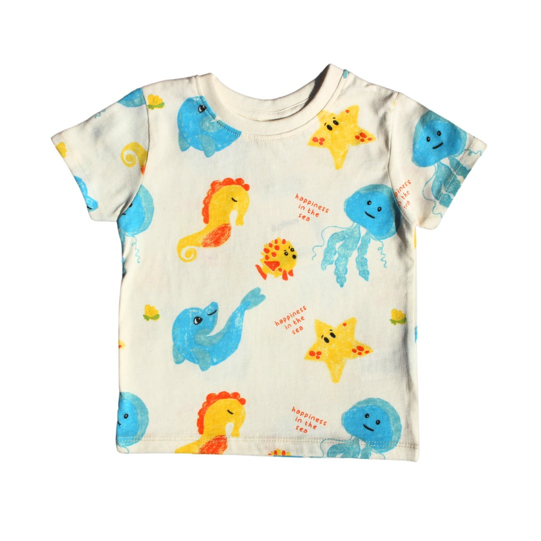 Boys colourful sea animals off white shirt