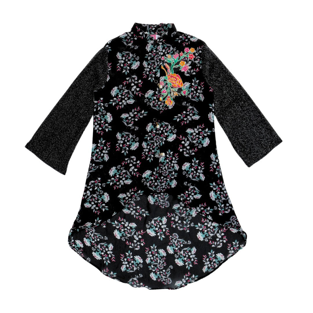 Girls black embroidered chiffon top