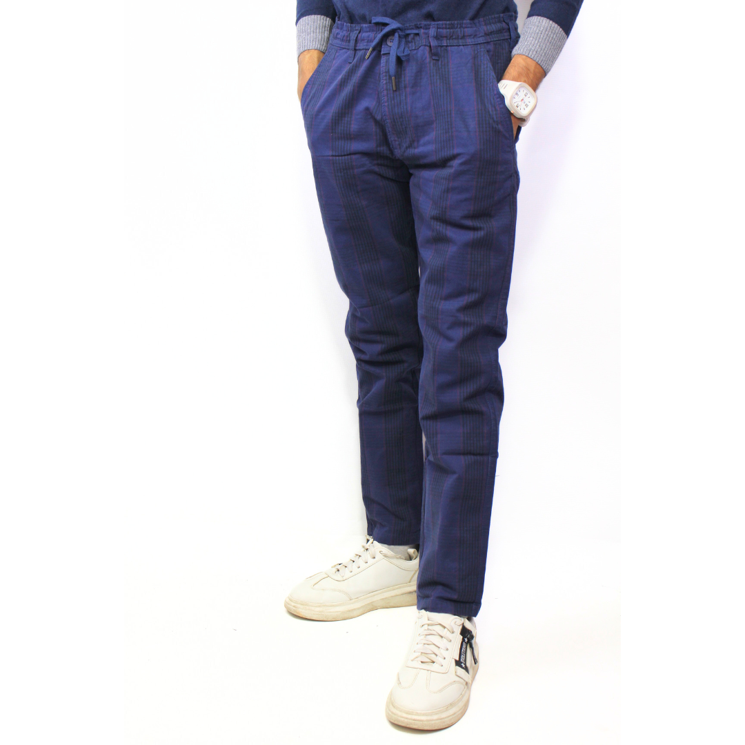 Mens navy check cotton trouser