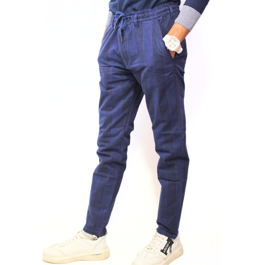 Mens navy check cotton trouser