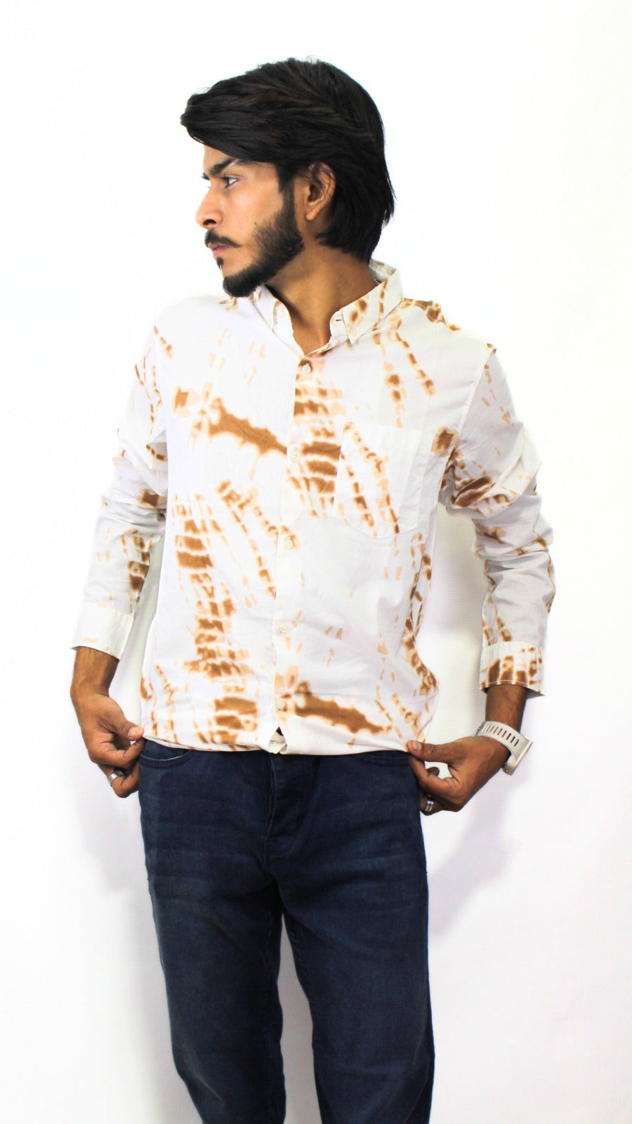 White and brown Tie and dye effect cotton shirt