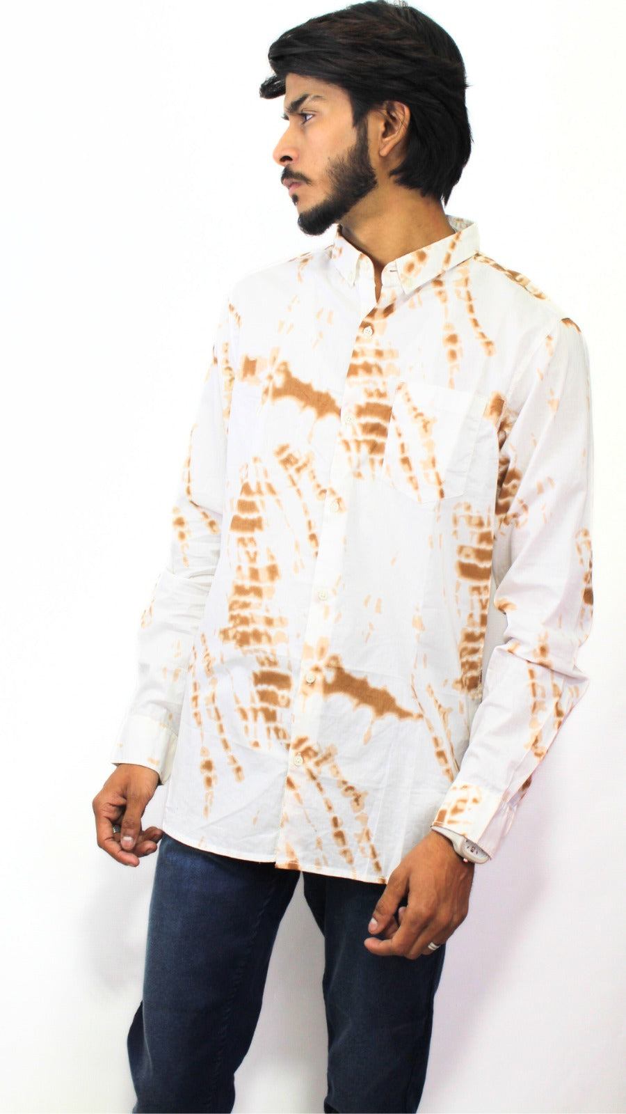 White and brown Tie and dye effect cotton shirt