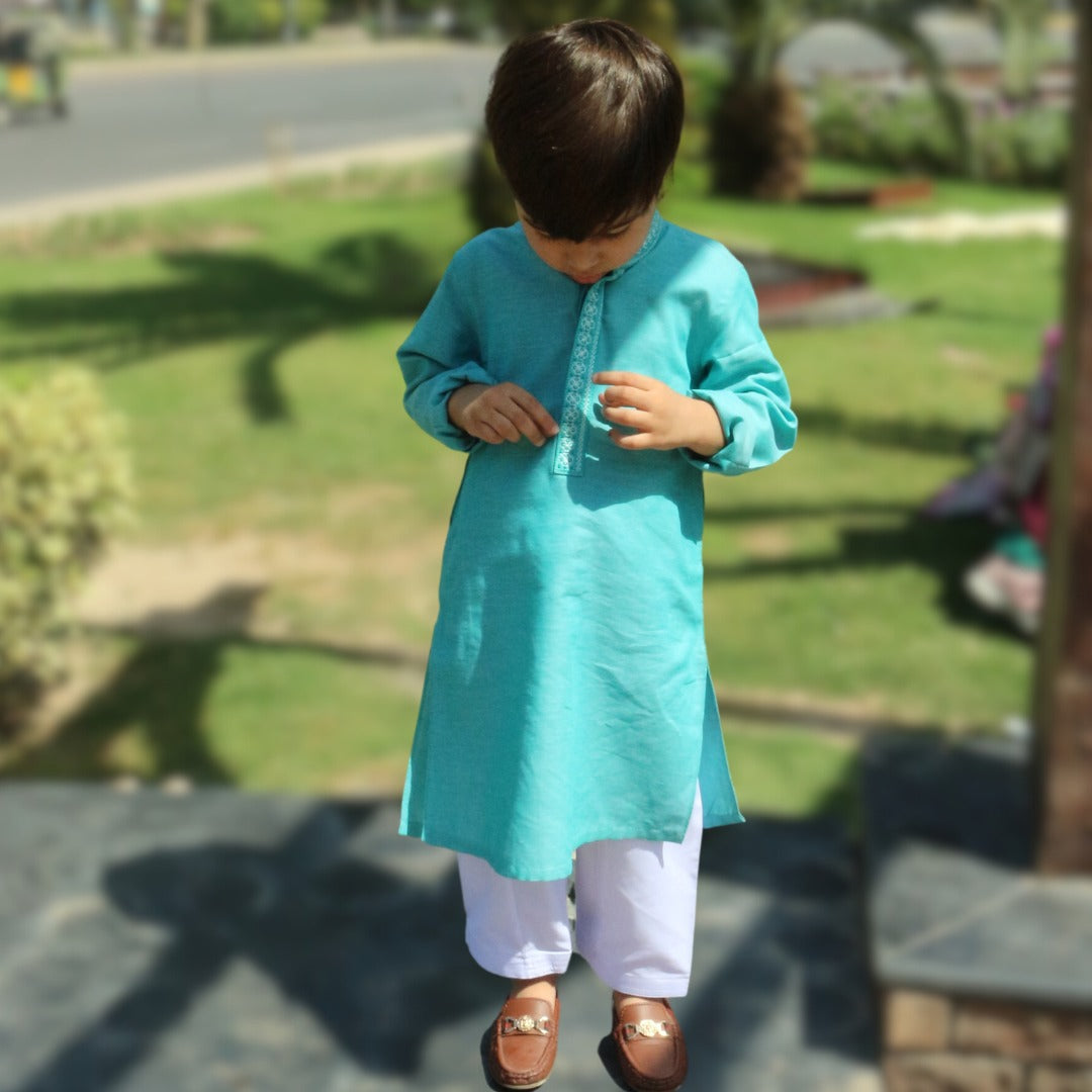 Boys green embroidered kurta