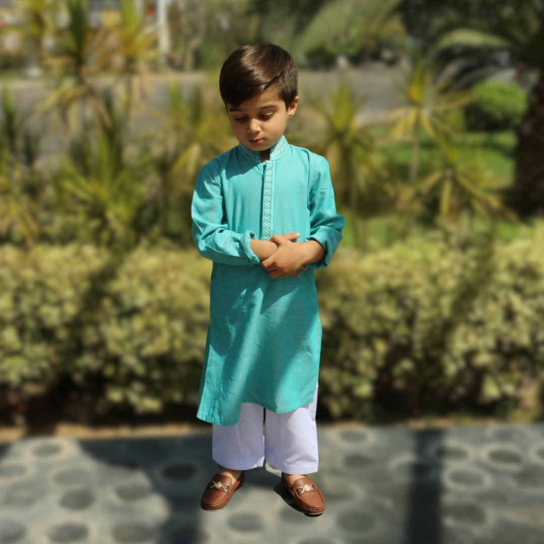 Boys green embroidered kurta