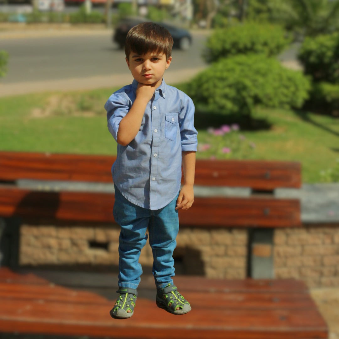 Boys blue pocket style casual shirt