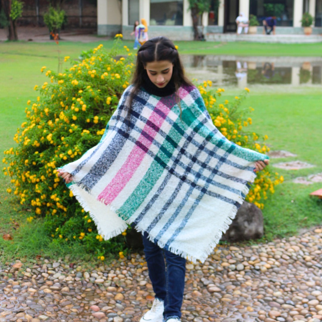 Ladies pink green check poncho