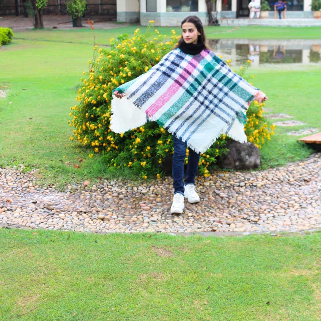 Ladies pink green check poncho